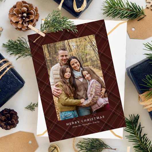 Burgundy plaid classic traditional Christmas photo シーズンカード