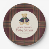 Burgundy Plaid Teddy Bear Celebration Plates ペーパープレート (正面)