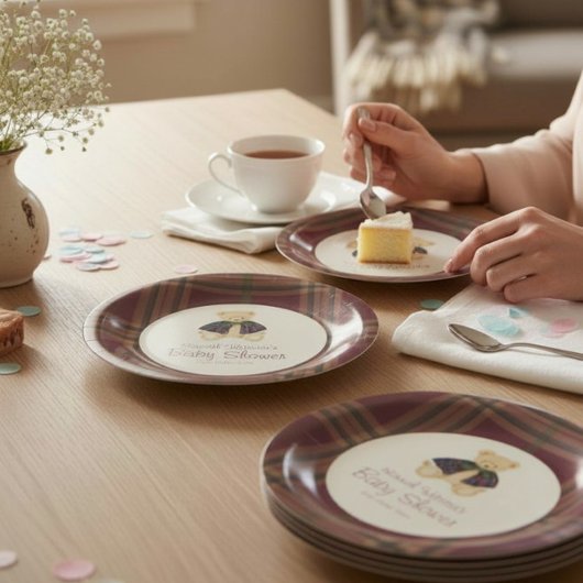 Burgundy Plaid Teddy Bear Celebration Plates ペーパープレート