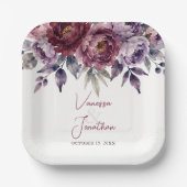 Burgundy Plum Watercolor Peony Fall Wedding ペーパープレート (正面)