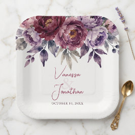 Burgundy Plum Watercolor Peony Fall Wedding ペーパープレート