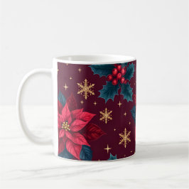 Burgundy Poinsettia & Gold Snowflake コーヒーマグカップ