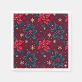 Burgundy Poinsettia & Gold Snowflake スタンダードカクテルナプキン