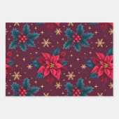 Burgundy Poinsettia & Gold Snowflake Dark Feminine ラッピングペーパーシート (正面)