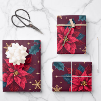 Burgundy Poinsettia & Gold Snowflake Dark Feminine ラッピングペーパーシート