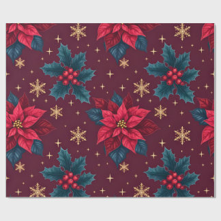 Burgundy Poinsettia & Gold Snowflake Dark Feminine ラッピングペーパー