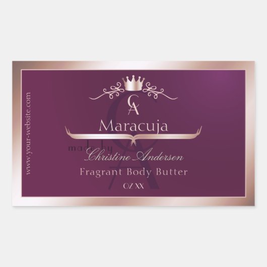 Burgundy Product Label Rose Gold Frame Monogram 長方形シール (正面)