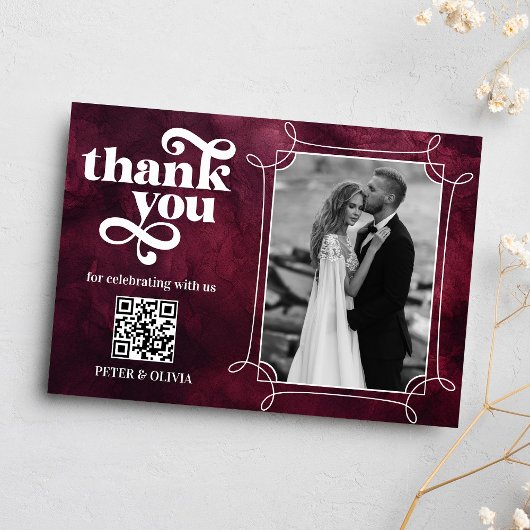 Burgundy QR Code Bold Typography Thank you Card 招待状