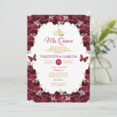 Burgundy Quinceañera 15 Anos Flowers Gold Crown 招待状 (スタンド正面)