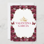 Burgundy Quinceañera 15 Anos Flowers Gold Crown 招待状 (裏面)