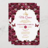 Burgundy Quinceañera 15 Anos Flowers Gold Crown 招待状 (正面/裏面)