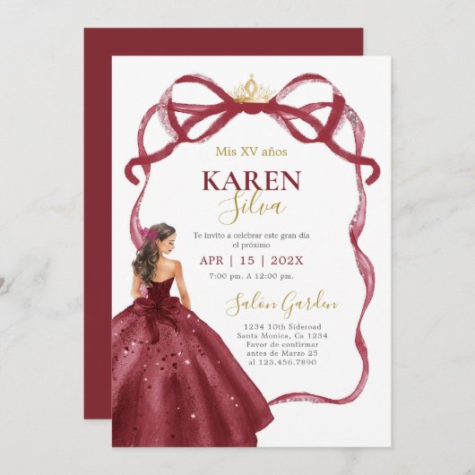 Burgundy Quinceanera Invitation 招待状 (正面/裏面)