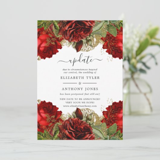Burgundy Redおよび金ゴールドヴィンテージ結婚バラの更新 招待状 (スタンド正面)