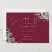 Burgundy Redと金ゴールドゴシックフローラ写真結婚s セーブザデート (正面)