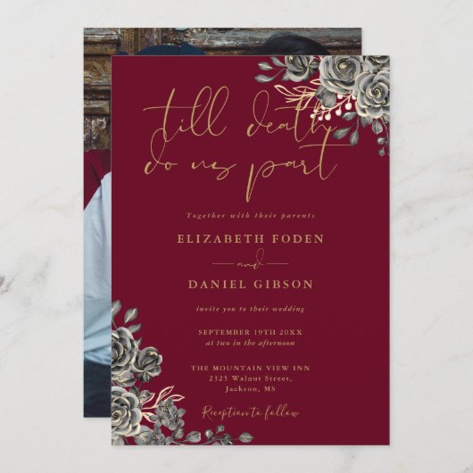 Burgundy Redと金ゴールドゴシックフローラ写真結婚s 招待状 (正面/裏面)