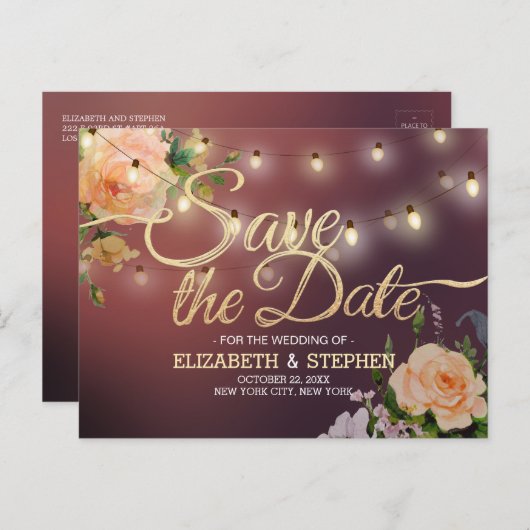 Burgundy Redフローラ文字列ライト日付を保存 案内ポストカード (正面/裏面)