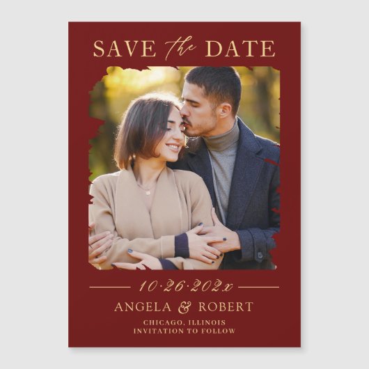 Burgundy Red金ゴールド写真Save the Date Magnet (正面)