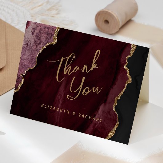 Burgundy Red金ゴールドAgate Script 結婚's Thank You カード