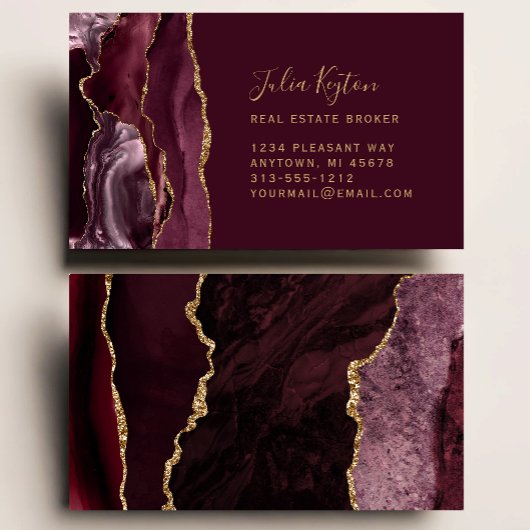 Burgundy Red Agate Geode Gold Glitter Real Estate 名刺