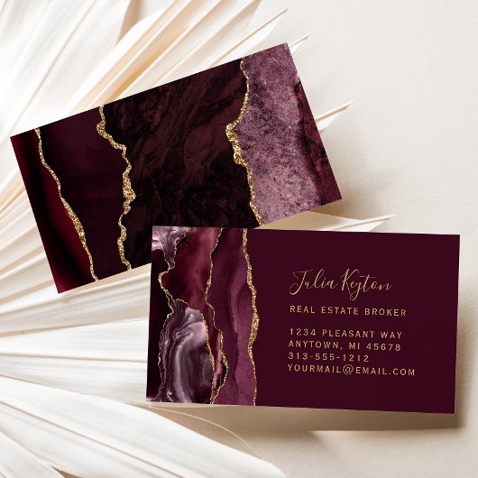 Burgundy Red Agate Geode Gold Glitter Real Estate 名刺