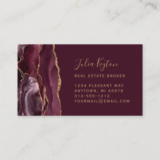 Burgundy Red Agate Geode Gold Glitter Real Estate 名刺 (正面)