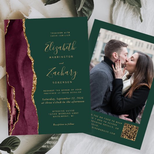Burgundy Red Agate Green Photo QR Code Wedding 招待状