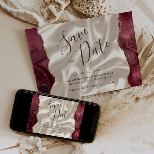 Burgundy Red Agate Ivory Silk Save the Date 招待状