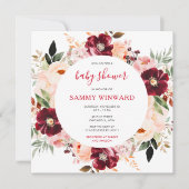 Burgundy Red and Blush Pink Floral Baby Shower 招待状 (正面)