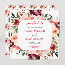 Burgundy Red and Blush Pink Floral Save The Date セーブザデート