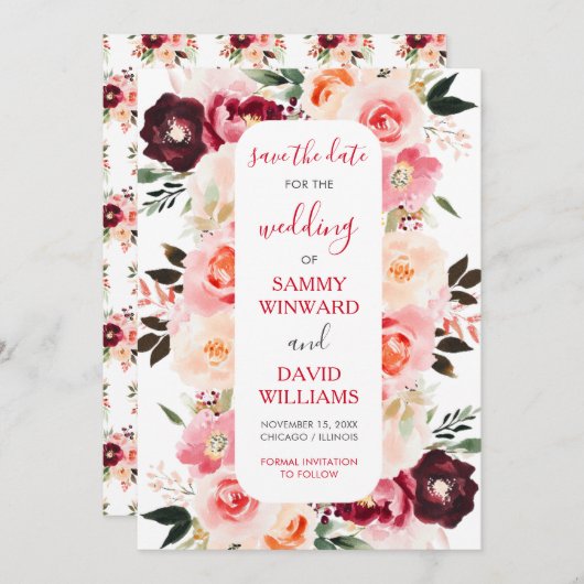Burgundy Red and Blush Pink Floral Save The Date セーブザデート (正面/裏面)