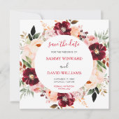 Burgundy Red and Blush Pink Floral Save The Date セーブザデート (正面)