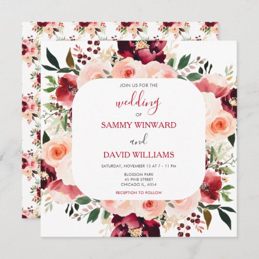 Burgundy Red and Blush Pink Floral Wedding 招待状 (正面/裏面)