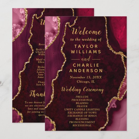 Burgundy Red and Gold Agate Wedding Program プログラム (正面/裏面)