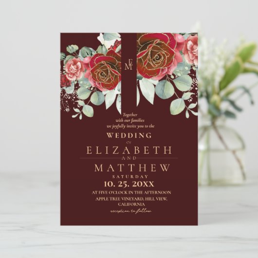 Burgundy Red and Gold Floral Modern Boho Wedding 招待状 (スタンド正面)