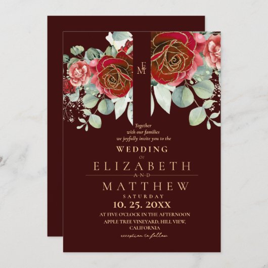 Burgundy Red and Gold Floral Modern Boho Wedding 招待状 (正面/裏面)