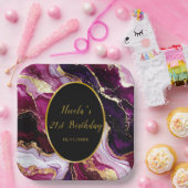 Burgundy Red and Gold Marble Agate Birthday Party ペーパープレート (パーティー)