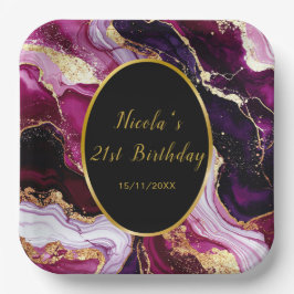 Burgundy Red and Gold Marble Agate Birthday Party ペーパープレート
