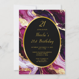 Burgundy Red and Gold Marble Agate Birthday Party 招待状