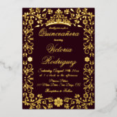 Burgundy Red and Gold Quinceañera Elegant  箔招待状 (正面)