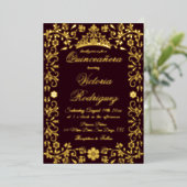 Burgundy Red and Gold Quinceañera Elegant  箔招待状 (立ち正面)