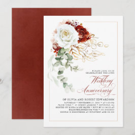 Burgundy Red and White Floral Wedding Anniversary 招待状