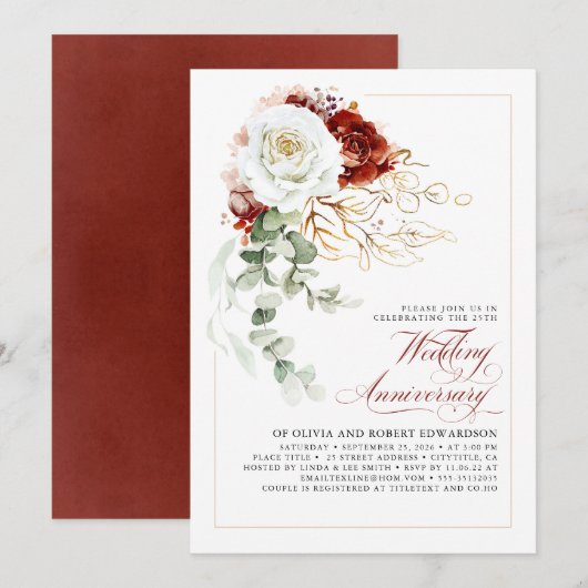 Burgundy Red and White Floral Wedding Anniversary 招待状 (正面/裏面)