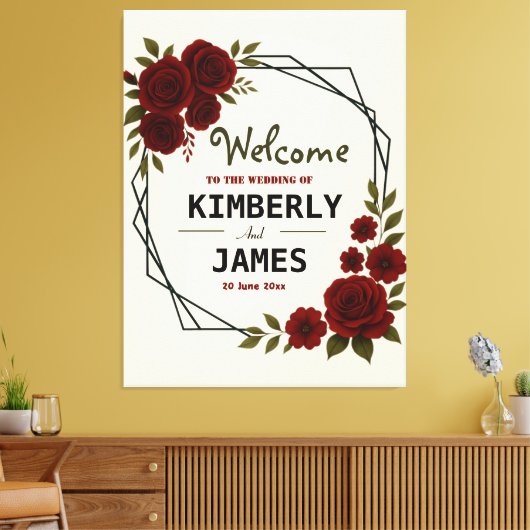 Burgundy Red & Black Geometric Wedding Modern  キャンバスプリント (インサイチュ (リビング))