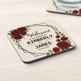 Burgundy Red & Black Geometric Wedding Modern  コースター