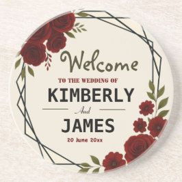 Burgundy Red & Black Geometric Wedding Modern  コースター