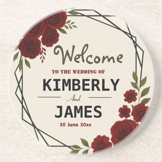 Burgundy Red & Black Geometric Wedding Modern  コースター (正面)