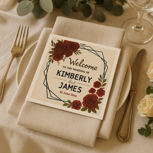 Burgundy Red & Black Geometric Wedding Modern  スタンダードカクテルナプキン