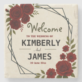 Burgundy Red & Black Geometric Wedding Modern  ストーンコースター