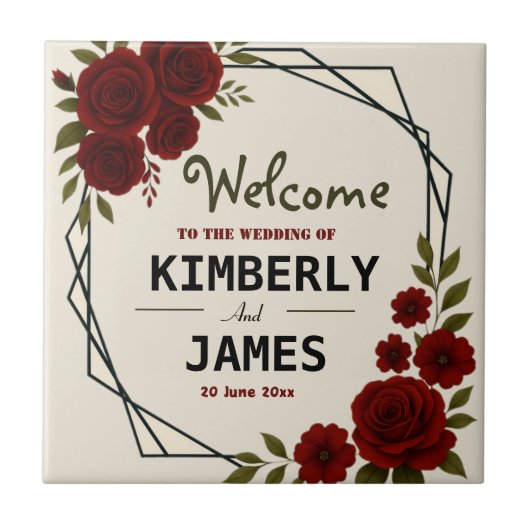 Burgundy Red & Black Geometric Wedding Modern  タイル (正面)