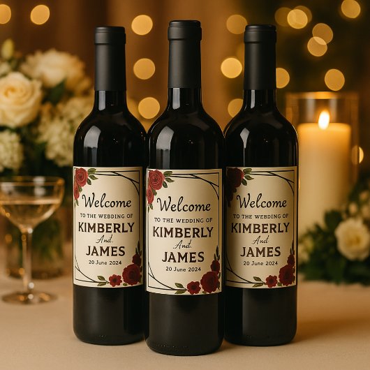 Burgundy Red & Black Geometric Wedding Modern ワインラベル